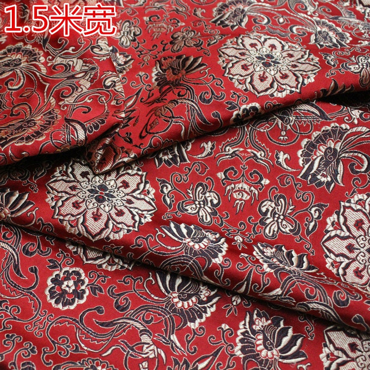 Tissu brocart à fleurs de lotus rouges : Coussin Cheongsam chinois, 150 cm de large