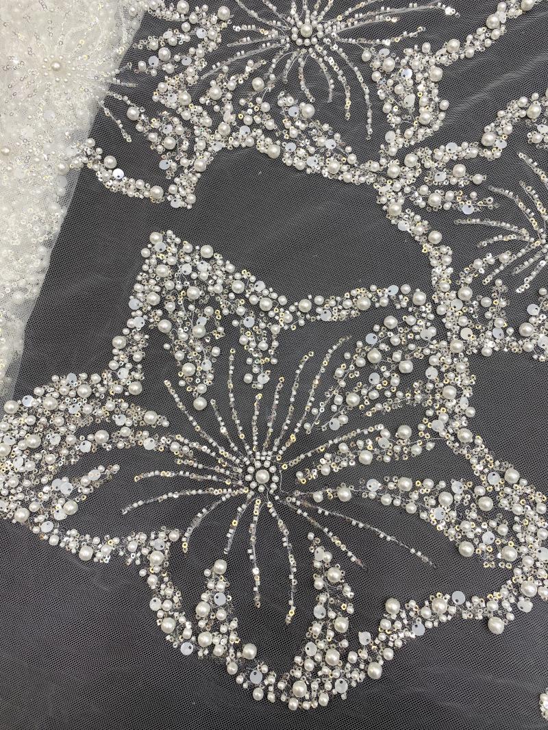 Pearl & Sequin Embroidered Fabric ��� 4/6/8mm Beads, Luxury Bridal Gown Material, Wedding Dress, Couture Sewing, High-End Fashion Fabr"W