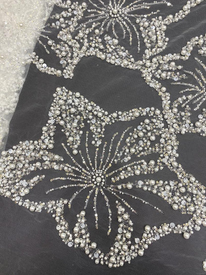 Pearl & Sequin Embroidered Fabric ��� 4/6/8mm Beads, Luxury Bridal Gown Material, Wedding Dress, Couture Sewing, High-End Fashion Fabr"W
