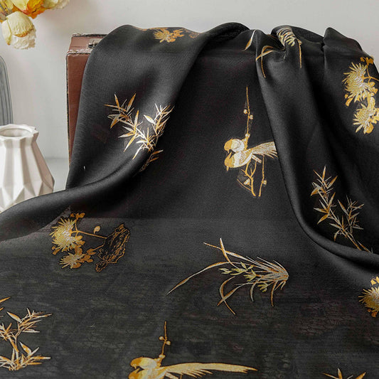 Bird & Bamboo Jacquard Fabric: Japanese Style Dress Fabric, 55"W