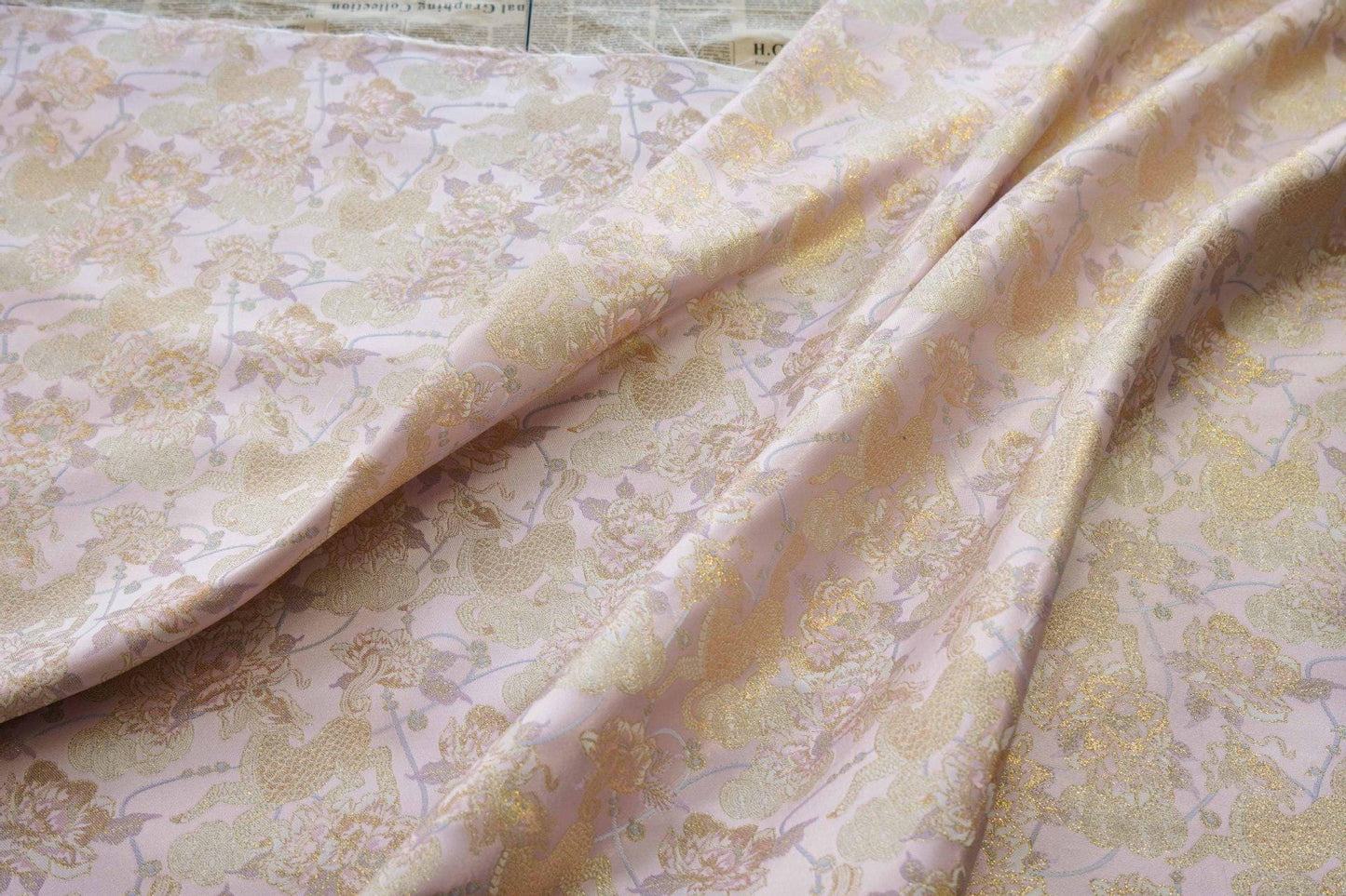 Gold Thread Pink Flower Jacquard Fabric: 3D Embossed Woven, 55"W