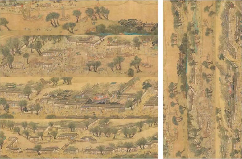 Qingming Festival Satin Fabric: Retro Painting Print, Upholstery & Sewing