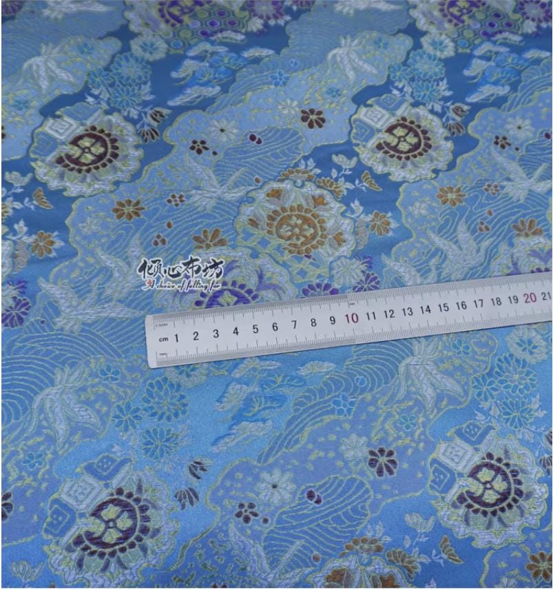 Nishijin Crane Kinran Fabric: Black Jacquard Silk Brocade Damask