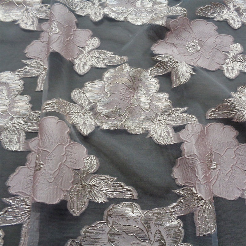 Blue & Gold Floral Jacquard Organza Fabric - 56"W