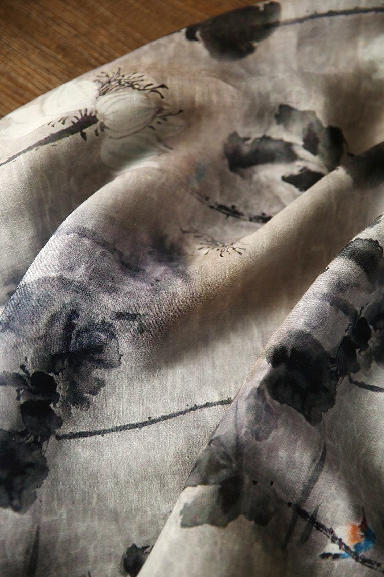 Floral Ramie Fabric: Gray Ancient Ink Painting, 57" Wide