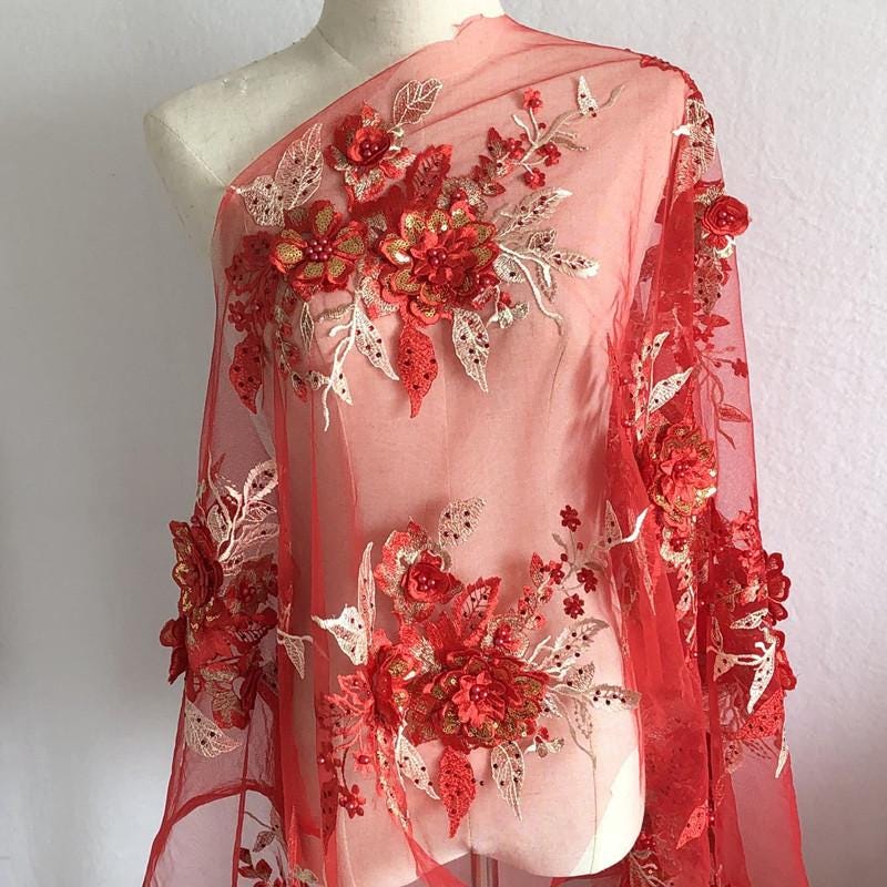 Colorful 3D Floral Beaded Embroidery Lace - Bridal Veil, Doll Making