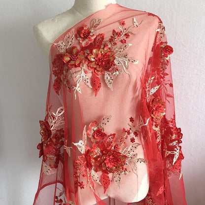 Colorful 3D Floral Beaded Embroidery Lace - Bridal Veil, Doll Making