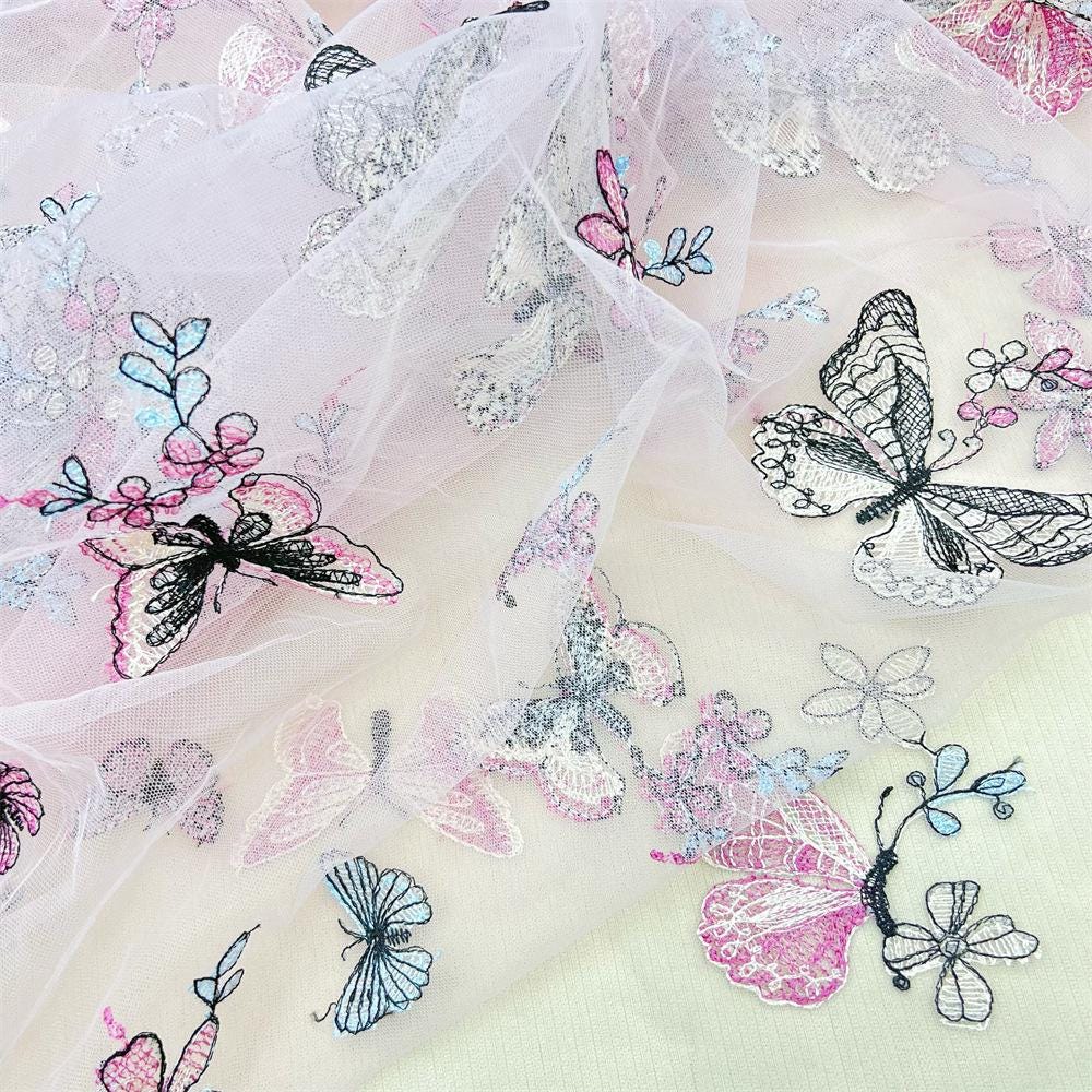 Embroidered Butterfly Lace Fabric: Sequin Tulle Mesh, 59" Wide