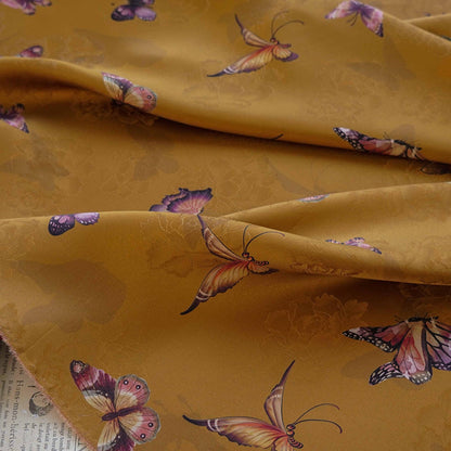 Butterfly Flower Tea Silk Satin Fabric: Digital Print (55"W)