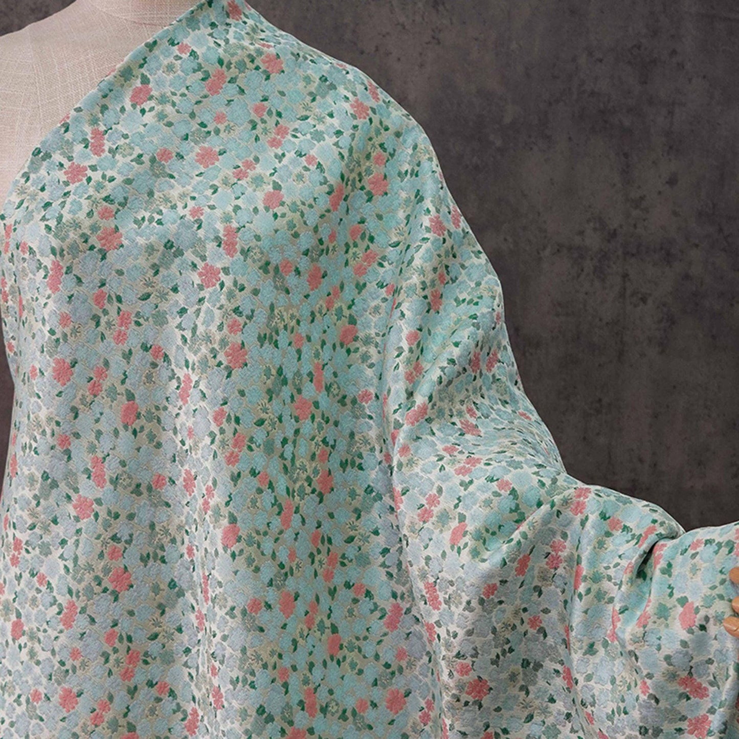 Blue & Pink Floral Jacquard Fabric - 63"W Chinese Style