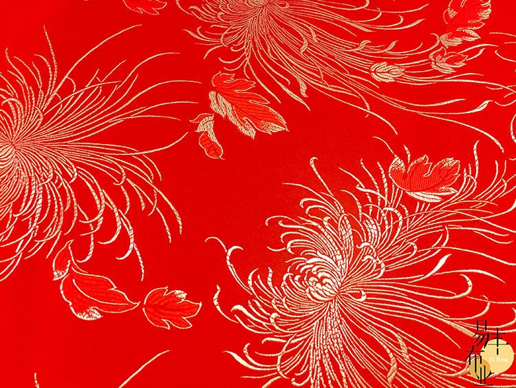 Tissu brocart chrysanthème : jacquard satin de soie rayonne de 75 cm de large