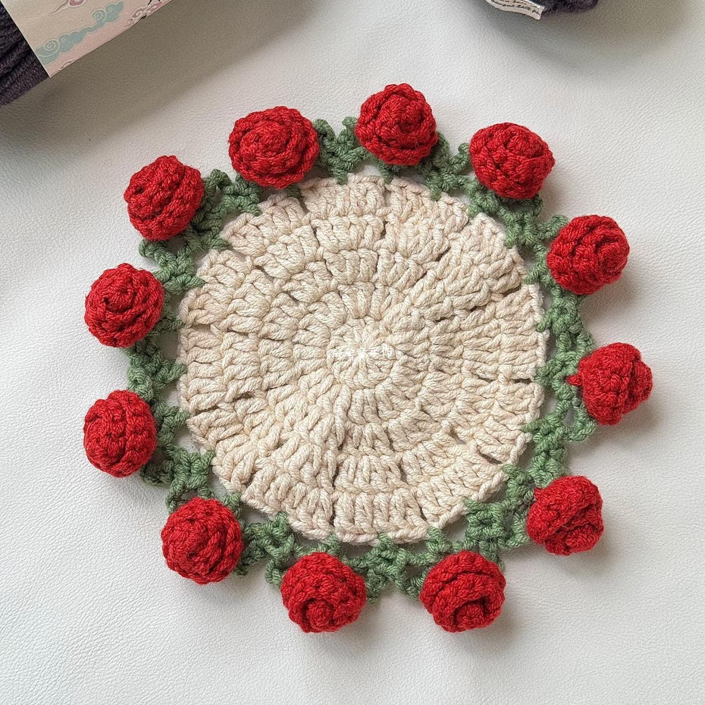 Kit de sous-verres roses au crochet à faire soi-même : Matériel pour la confection de fleurs artisanales
