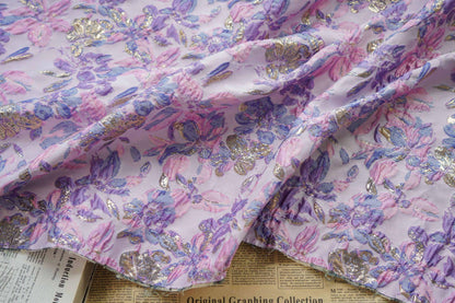 Gold Thread Floral Jacquard Fabric: Pink Purple 3D Designer Fabric, 55"W