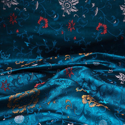 Tissu brocart floral bleu paon : mélange de rayonne, 75 cm de large