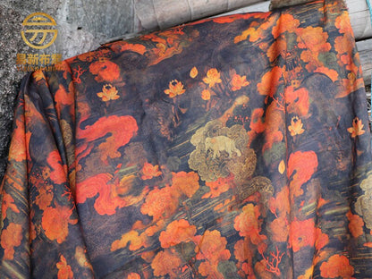 Dunhuang Lotus Linen Fabric: Auspicious Clouds Retro Print, 55"W