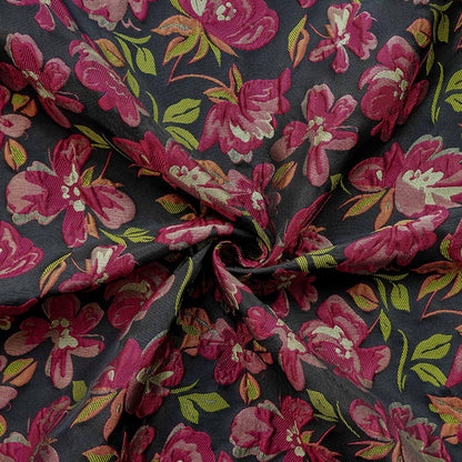 Embossed Floral Jacquard Fabric ��� Black & Pi" Wide
