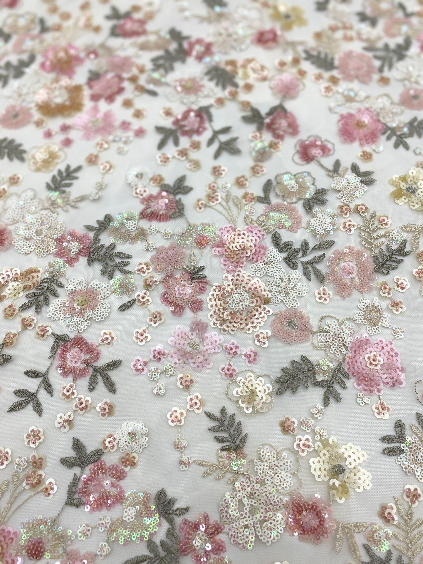 Floral Sequin Embroidered Mesh Lace Fabric, Pink Girly Dress, 49"W