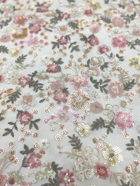 Robe rose girly en dentelle à sequins floraux, 124 cm de large