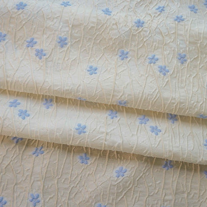 Embossed Beige Polyester Fabric, Blue Flowers, Upholstery & Costume, 56"W