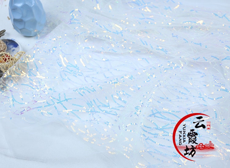 Sequin Mermaid Fabric: 3MM Embroidery on Mesh, 59" Wide