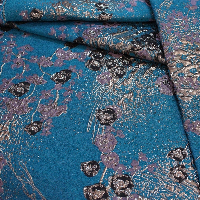 Peacock Blue Floral Jacquard Fabric: Polyester Upholstery, Costume, Decor - 55"W