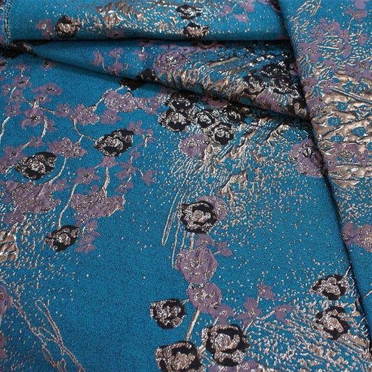 Peacock Blue Floral Jacquard Fabric: Polyester Upholstery, Costume, Decor - 55"W
