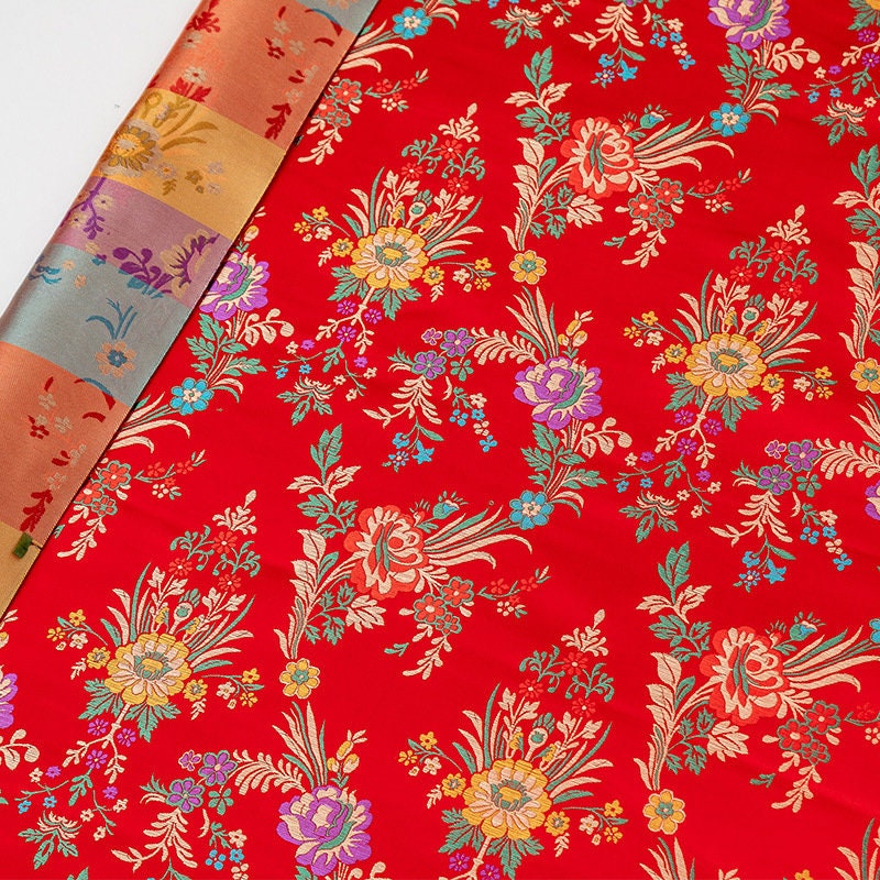 Floral Silk Brocade Fabric: 59"W Rayon Upholstery & Drapery - By The Meter