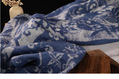Tissu ramie imprimé totem bleu : fibre naturelle, 140 cm de large