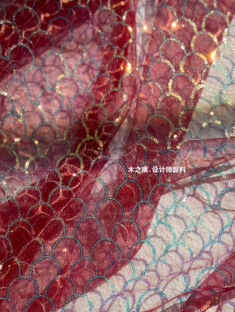 Maroon Fish Scales Sequin Embroidered Mesh Fabric, 50"W