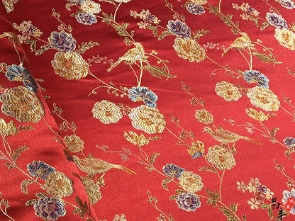 Bird Peony Jacquard Brocade Fabric: Golden Cheongsam Qipao Sewing, 59" Wide