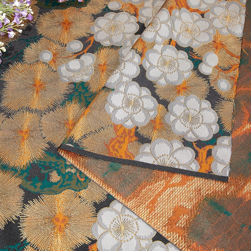 Japanese Nishijin Silk Brocade Fabric: Orange Frangipani Damask (29.5"W)