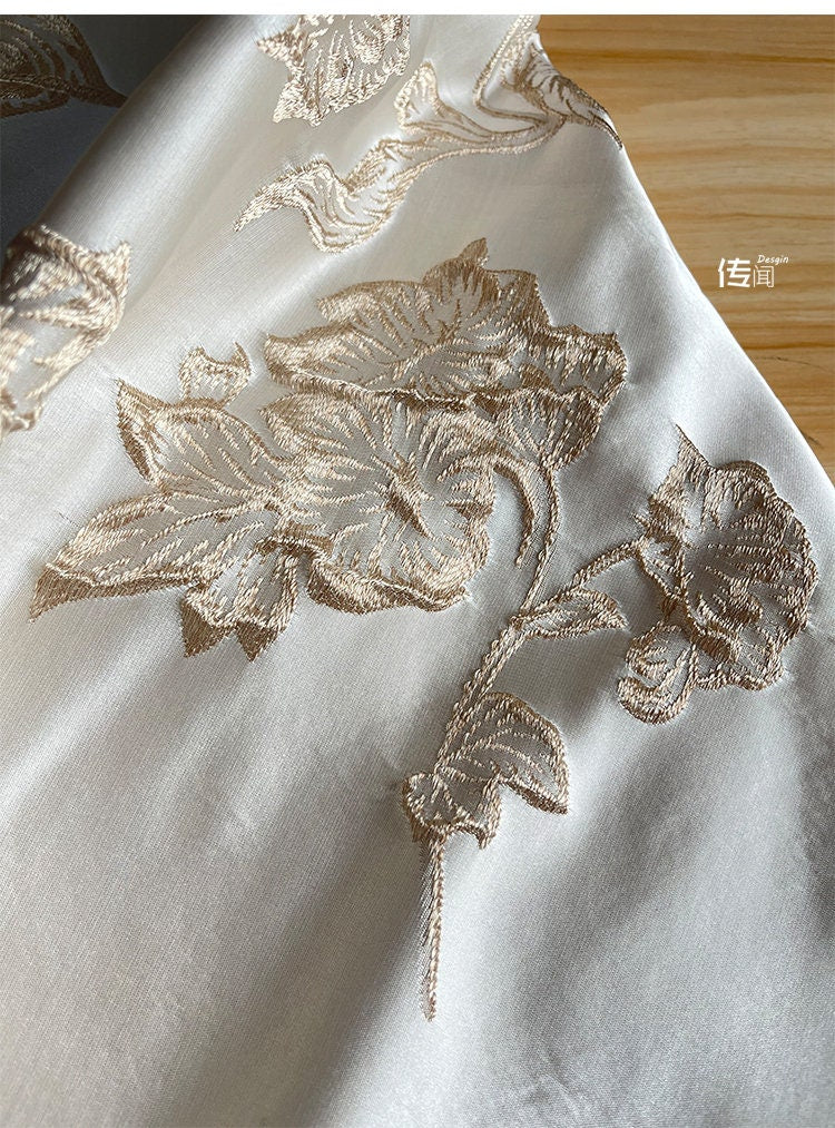 Champagne Magnolia Embroidered Jacquard Fabric: 57"W Floral Upholstery