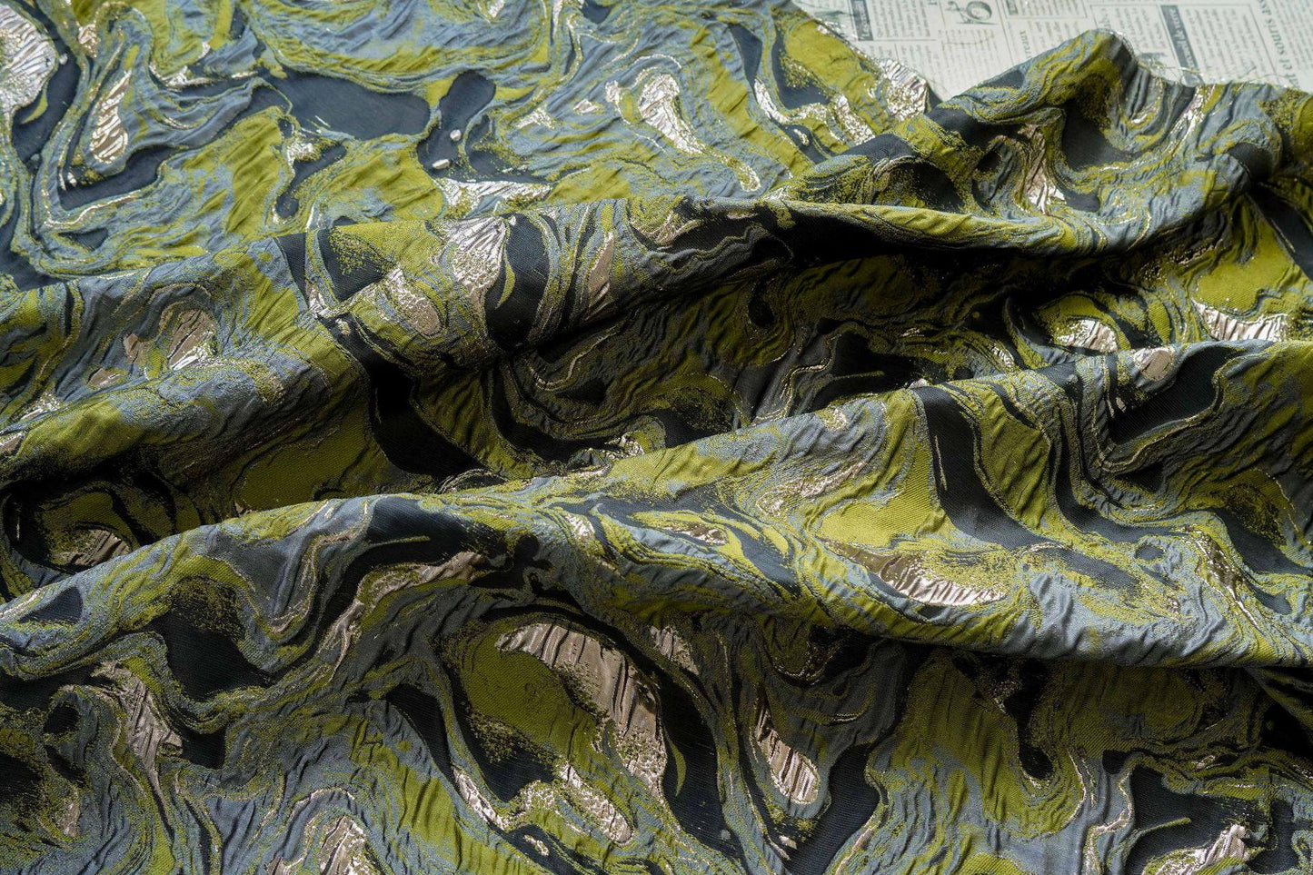 Gold Thread Jacquard Fabric: Green 3D Designer Upholstery, Costume & Sewing - 54"W