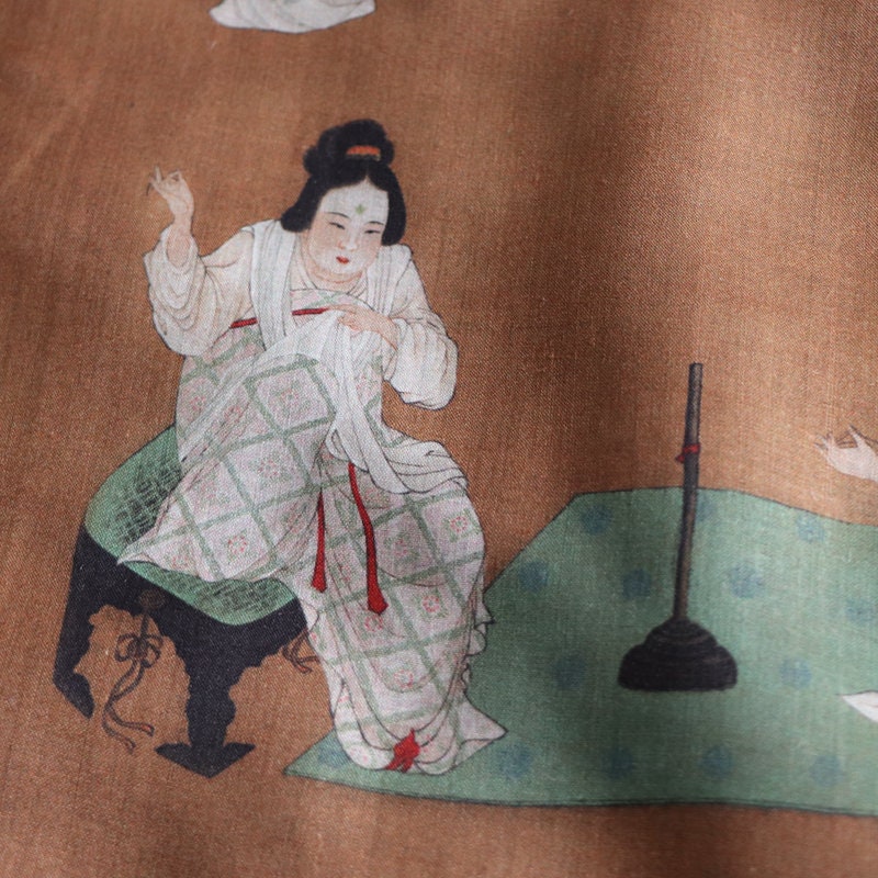 Tang Dynasty Style Linen Fabric: Court Ladies Sewing Silk (55"W)