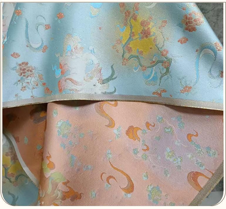 Color���Woven Jacquard Brocade Fabric with Gold Thread ��� Auspicious White & Multicolor" Wide