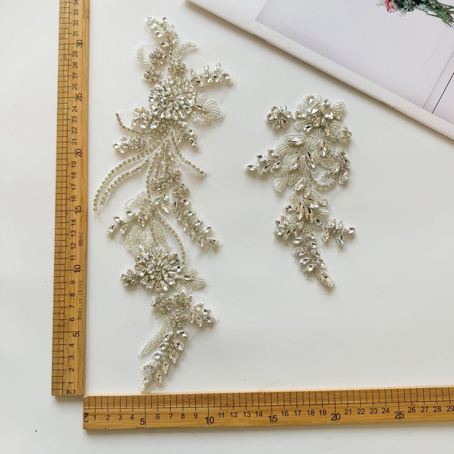 Embroidered Lace Trim with Rhinestones: Bridal Wedding Dress Applique