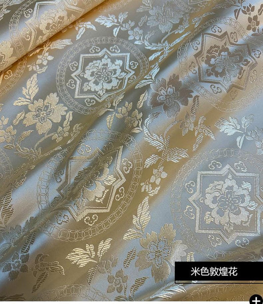 Milky White Silk Brocade Fabric: Metallic Dunhuang Pattern, 29.5" Wide