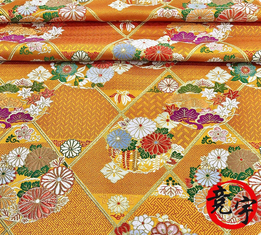 Nishijin Japanese Floral Brocade Fabric: Red Silk Rayon Jacquard