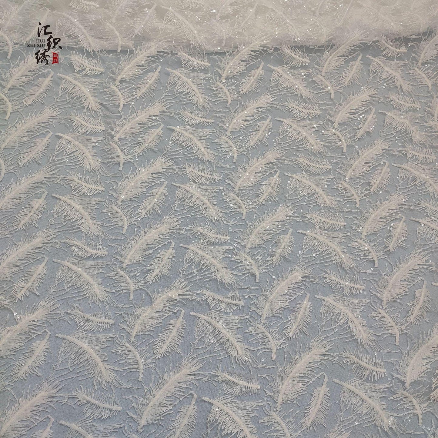 Feather Embroidery Lace Fabric: 3D Sequin Floral Applique, 50"W