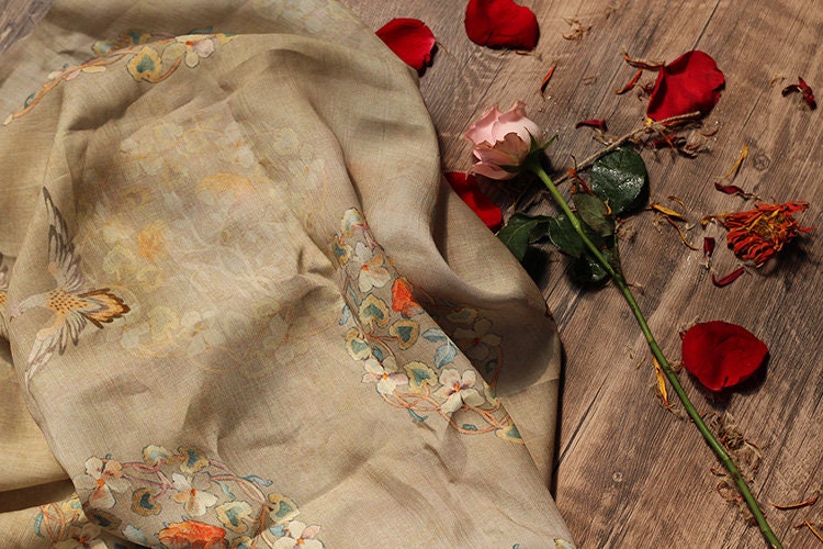 Floral Bird Ramie Fabric: 55" Wide, Soft Breathable Textile