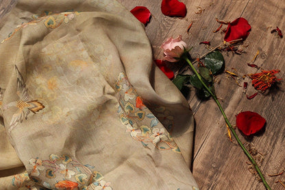 Floral Bird Ramie Fabric: 55" Wide, Soft Breathable Textile