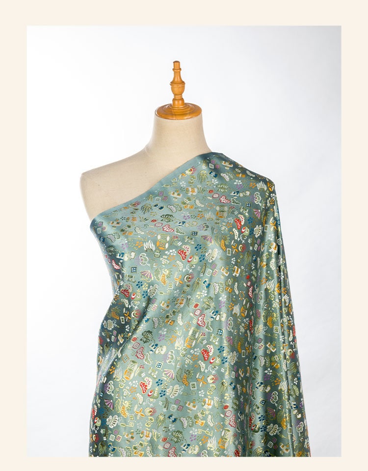 Japanese Silk Brocade Fabric: Eight Treasures Damask, Kimono Sewing (59" or 29.5" Width)