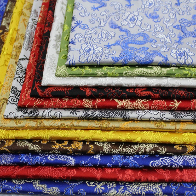 Dragon Flower Brocade Fabric: Multi-Color Silk Rayon Blend, 29.5" Wide