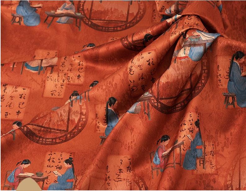 Ancient Ladies Tea Silk Satin Fabric: 59"W Digital Print Sewing Material