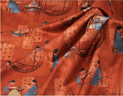 Ancient Ladies Tea Silk Satin Fabric: 59"W Digital Print Sewing Material