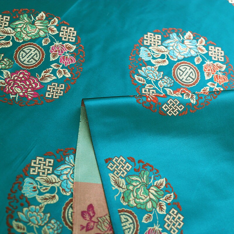 Teal Chinese Silk Brocade Fabric: Floral Upholstery, Costume Sewing (By The Meter)
