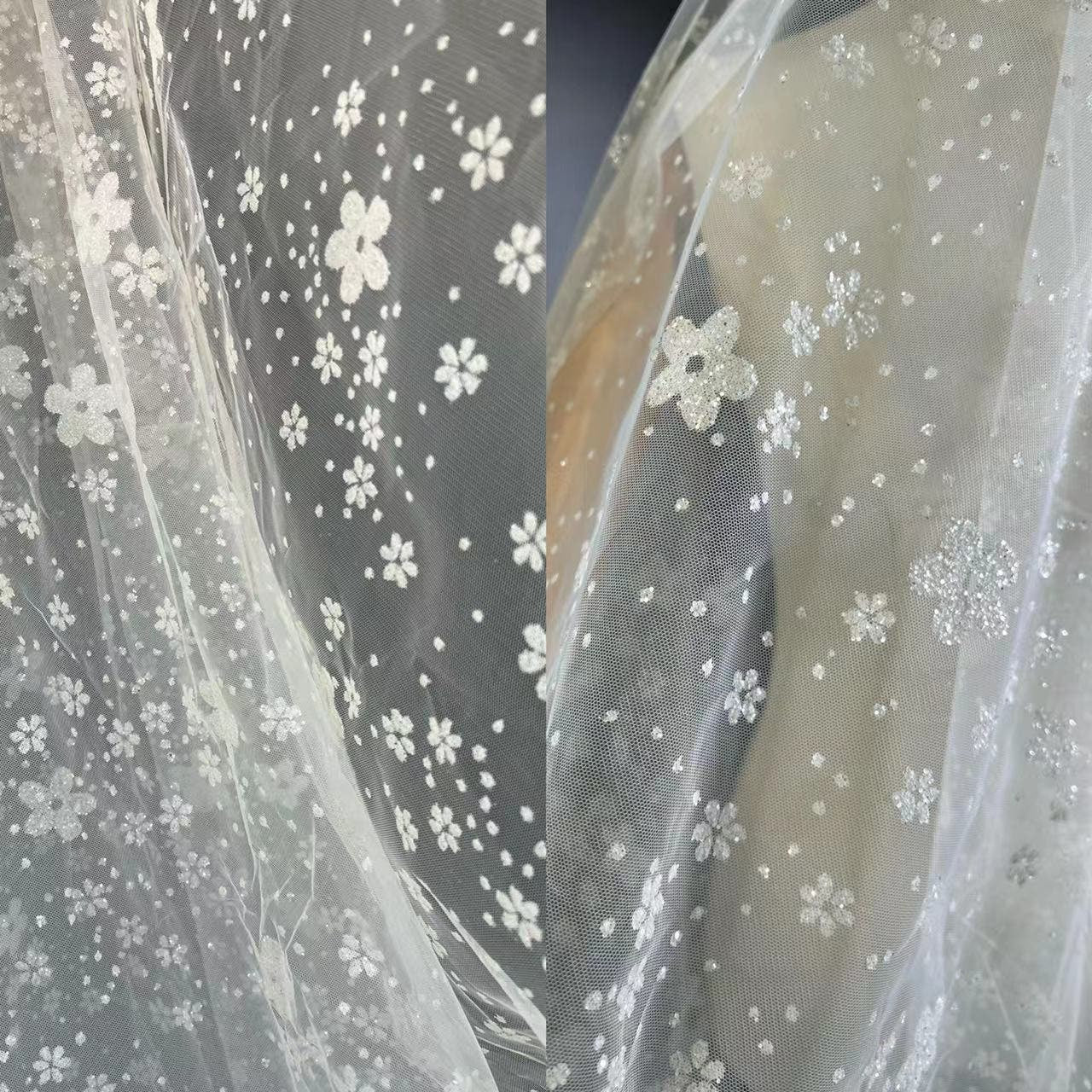 Tissu en dentelle à paillettes, motif fleurs de neige bronzées, 150 cm de large