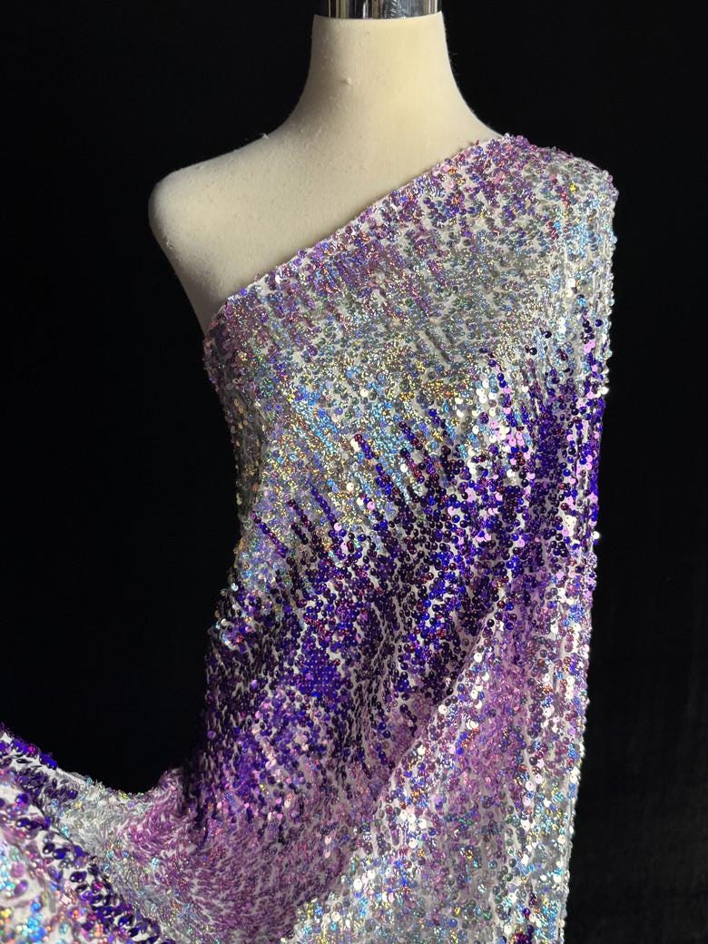 Ombre Purple Sequin Knit Fabric: Gradient Glitter, High-End Evening Wear