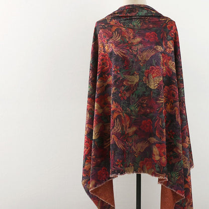 Tissu imprimé floral rouge et oiseaux : mélange de polyester soyeux et d’élasthanne, 150 cm de large