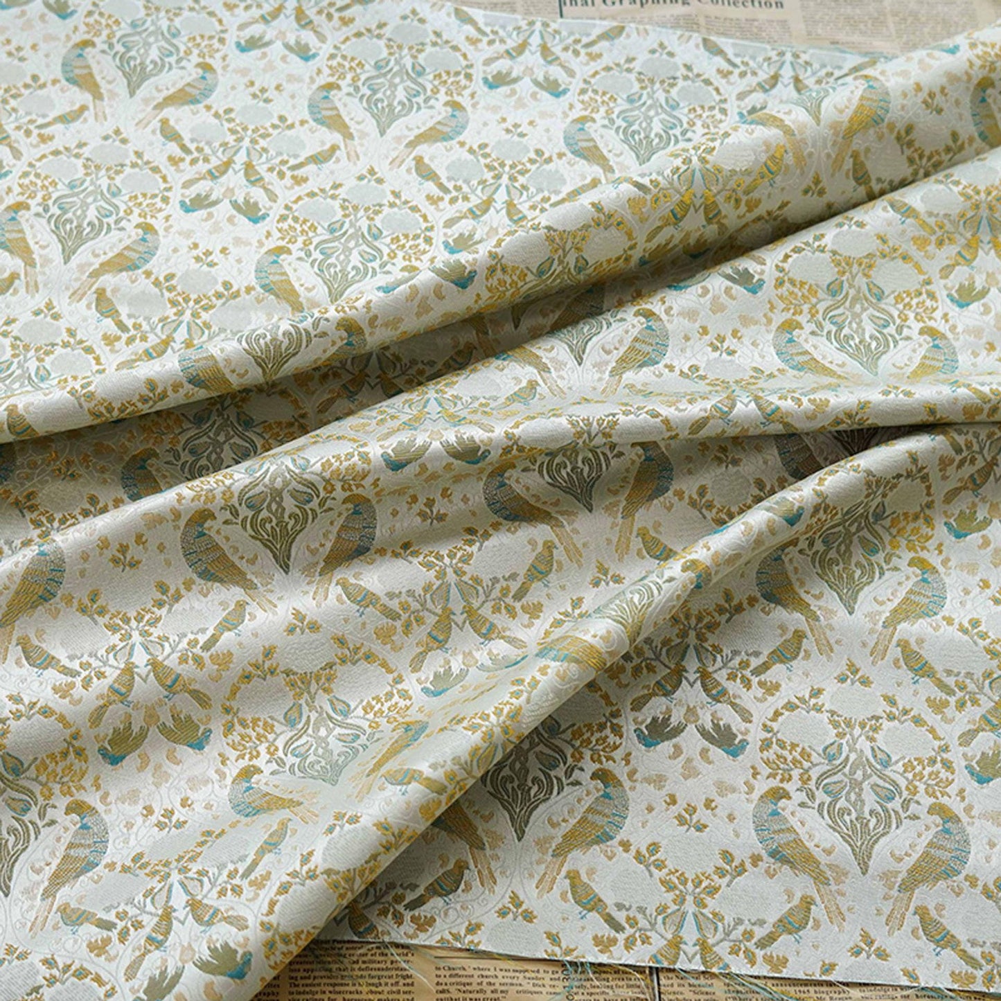 Gold Floral Bird Fabric: 58"W Rayon Blend Upholstery & Drapery